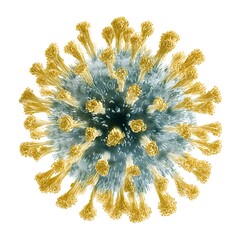 A detailed, colorful illustration of a virus particle, isolated on a clean white background