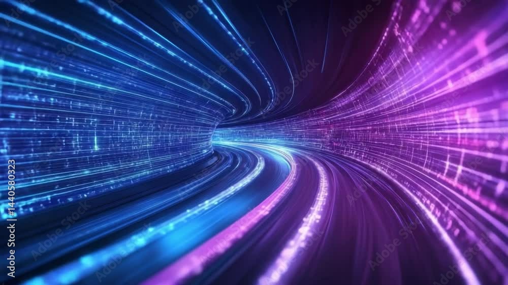 Wall mural futuristic abstract tunnel of light with dynamic flow of blue and purple digital data streams