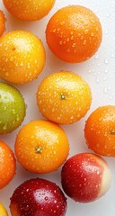 Fresh citrus and fruit assortment, vibrant colors, water droplets