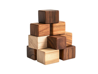 Close-up view of various wooden blocks meticulously arranged in a pyramid-like structure.  The blocks are diverse shades of wood.