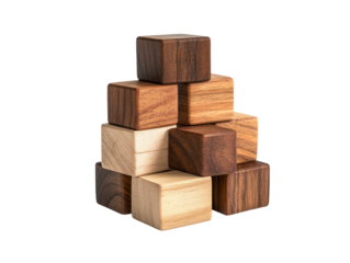 Close-up view of various wooden blocks meticulously arranged in a pyramid-like structure.  The blocks are diverse shades of wood.