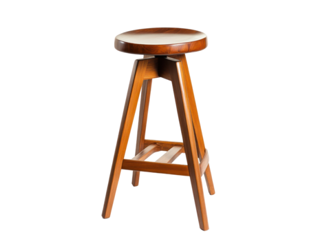 Modern, light-brown wooden bar stool with a round seat and a unique tripod base.  The stool's design is simple yet elegant, and showcases the craftsmanship of the wood.