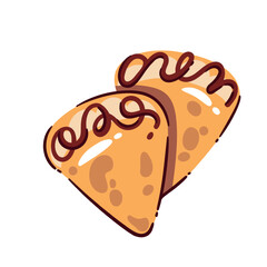 Banana crepes with chocolate glaze, two triangle-shaped sweet snacks in cartoon doodle and flat style. Vector illustration of crepes for dessert menu, cafe, or bakery design.