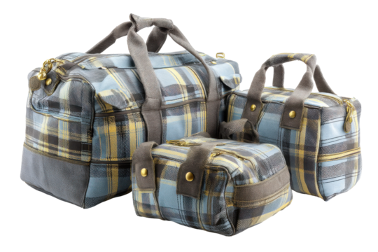 Plaid travel bags isolated on transparent png background