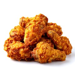 A pile of golden brown, crispy fried chicken pieces isolated on a clean white background