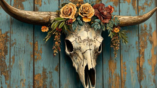 Colorful floral cow skull wall art with rustic wooden background