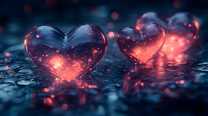 Glowing glass hearts on dark surface