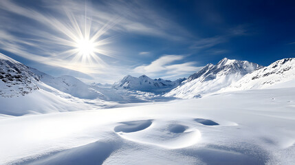 A crisp winter day with snow-covered mountain peaks against a bright blue sky, the snow untouched and glistening in the sunlight, offering a peaceful escape.