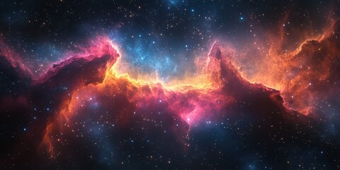 Fototapeta premium Colorful nebula in deep space displaying vibrant hues of pink and orange with distant stars in view