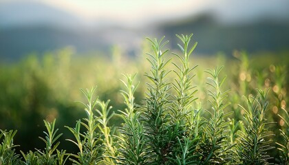 Naklejka premium close up of green rosemary leaves in agriculture plantation wit