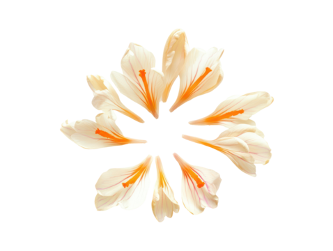 Visually appealing floral design, featuring pale white blossoms with orange highlights, and a rich color palette of  oranges, creams, and light yellows, arranged in a unique abstract format.