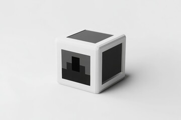 Fototapeta premium 3D rendered illustration of a square block with a pixelated video game character design, black and white on a white background, evoking nostalgia