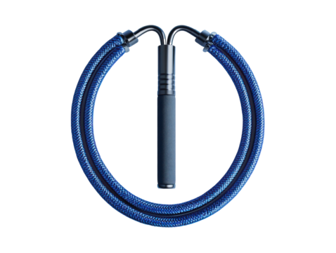 Vibrant digital rendering of a dark blue exercise rope, presented in a circular design