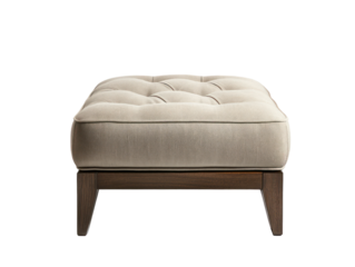 Cream-colored, padded square ottoman with wooden legs.  The tufted surface suggests a comfortable seating area for a living space.