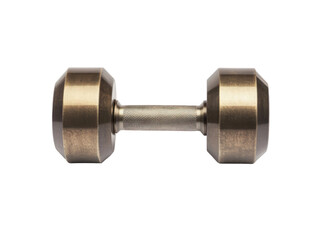 Pair of bronze-toned dumbbells, presented in a  setting, featuring a ribbed handle and beveled ends.