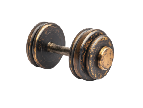 Single vintage-style dumbbell is prominently displayed, emphasizing the antique, worn-bronze finish of the metal plates and bar.