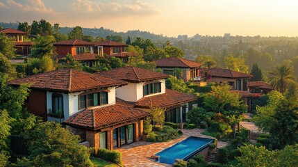 Fototapeta premium Luxury hillside homes at sunset with distant city view