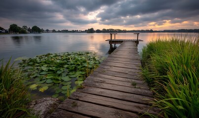 Serene wooden pier on a lake at sunset. Peaceful evening scene with lily pads. Perfect for relaxation and nature photography