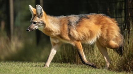 Side Profile of a Red-furred Maned Wolf Walking in Grassy Habitat