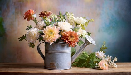 Fototapeta premium watering can with flowers looking like an old still life painting vintage and shabby mood