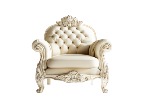 Cream-colored, ornate armchair with tufted upholstery and carved wooden legs.  It exudes sophistication and luxury.