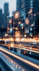 Futuristic city skyline overlayed with interconnected digital icons representing modern business systems