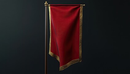 Deep red banner on dark wood pole, gold trim