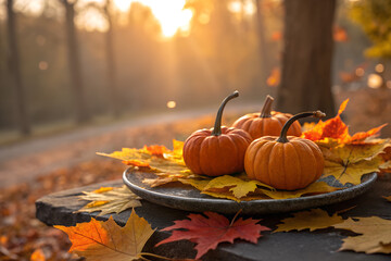 Three Mini Pumpkins on Autumn Leaves at Sunset