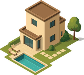 Isometric modern house with outdoor pool