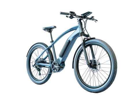 Full front view of a contemporary electric bicycle, rendered digitally in a  setting.  The bike showcases modern design elements and features.