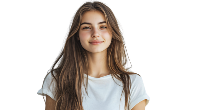 Smiling Young Woman with Long Hair in White T-shirt Portrait