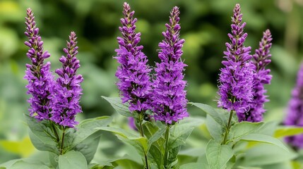 Obraz premium Purple flowers blooming in a garden, leaves and green foliage in the background