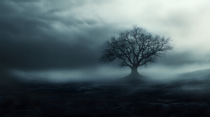 A desolate painting of a lone tree in a vast, fog-covered wasteland.