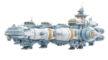 Fototapeta premium A futuristic spaceship battleships in white and blue on a plain background.
