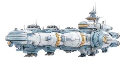 A futuristic spaceship battleships in white and blue on a plain background.