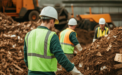 Construction workers in safety gear operate in a debris-laden environment.