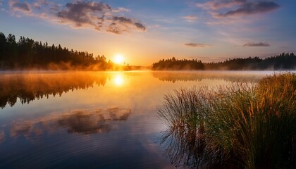 Fototapeta premium sunrise over a calm lake as soft mist drifts above the still reflective water surface vertical