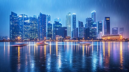 Rain-slicked Singapore skyline at twilight