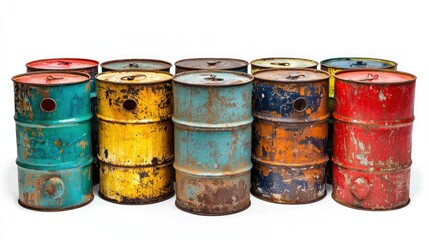 Set of colorful metal oil barrels, with some showing minor scratches and paint chips, on white background.