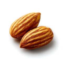 Two raw almonds isolated on a clean white background