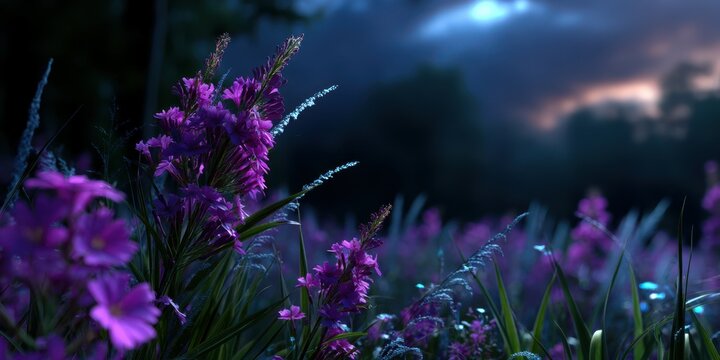 Vibrant purple wildflowers bloom under a twilight sky in a tranquil meadow
