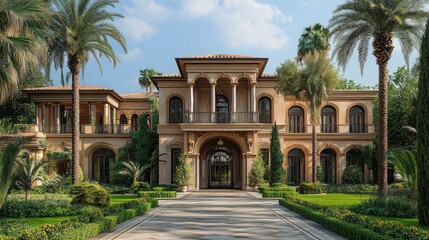 Naklejka premium Luxury mansion exterior with garden, palm trees, and clear sky