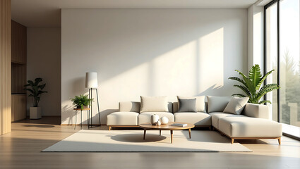 Fototapeta premium Minimalist Living Room Scandinavian Modern Home Interior Cozy Sofa Furniture