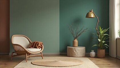 Relaxing room corner with a woven chair, jute rug, and plants against a two-toned wall. Earthy tones create a calming ambiance.