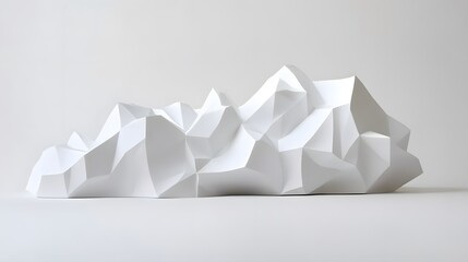 Abstract white sculpture resembling a mountain range.  Clean lines and geometric shapes create a modern, minimalist aesthetic. Perfect for design or architecture concepts.