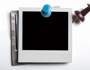 polaroid style photo frame with pushpin isolated white background