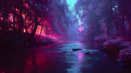 Mystical river flows serenely between enchanted forest with vibrant colors reflecting on surface