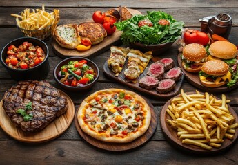 Fototapeta premium Delicious assortment of classic comfort foods including burgers, fries, salads, pizza, and steak displayed on rustic wooden table for gourmet experience