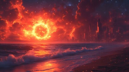 Fototapeta premium Celestial orb illuminates the sea and coastline with fiery glow, urban buildings visible in the distance under starry sky
