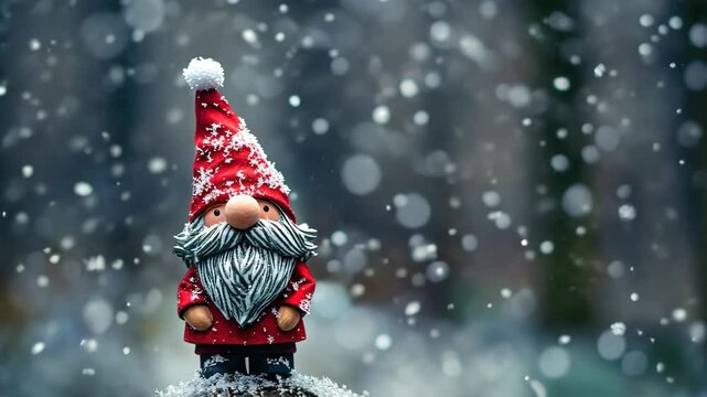 Cheerful gnome enjoying winter snowfall in forest landscape